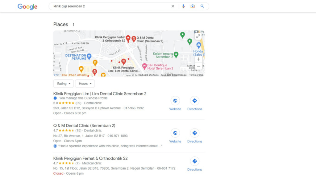 google maps ranking, digital marketing company for dental clinic malaysia, Example of Google's Local 3-Pack