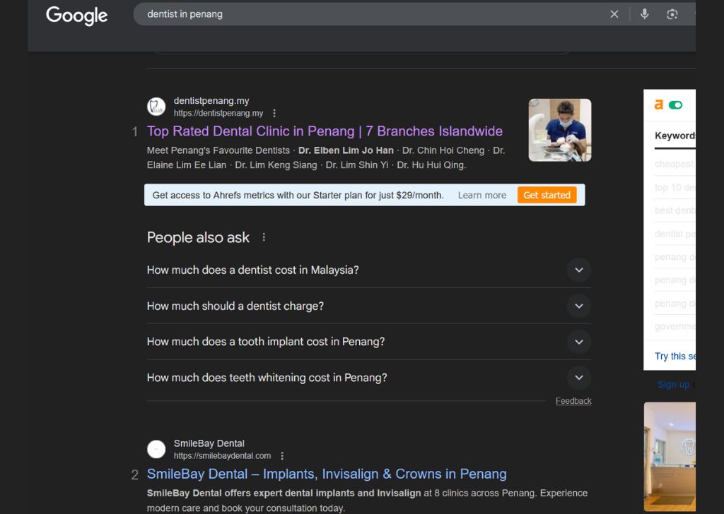 Chin and Lim Dental on Google SERP, ranking top 1 in Penang.