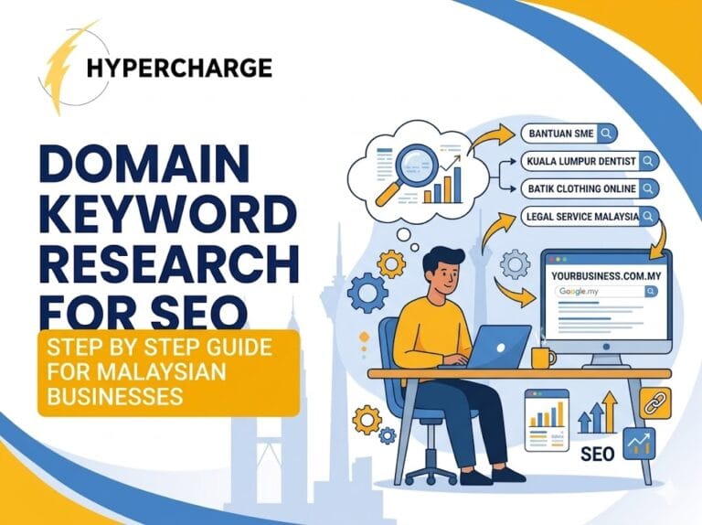 Promotional graphic by Hypercharge titled “Domain Authority vs Page Authority” with the subtitle “What Matters in Malaysia.” The design features large blue text on the left and a side-by-side comparison infographic on the right. The “Domain Authority (DA)” section illustrates website-wide influence across many pages, while the “Page Authority (PA)” section focuses on the strength of individual pages and specific keywords. Visual elements include authority score gauges, buildings, charts, links, webpage icons, Google search rankings, and business professionals analyzing SEO performance. The graphic uses blue and yellow branding colors with a clean educational SEO design.