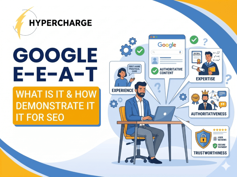 Promotional graphic by Hypercharge titled “Google E-E-A-T” with the subtitle “What Is It & How Demonstrate It for SEO.” The design features large blue text on the left and an illustrated professional working on a laptop on the right. Surrounding panels explain the four E-E-A-T principles: Experience, Expertise, Authoritativeness, and Trustworthiness. Visual elements include authoritative Google search results, practical case examples, certifications, industry leadership symbols, user reviews, secure payment icons, and trust badges. The graphic uses blue and yellow branding colors with a modern educational style focused on SEO credibility and content quality