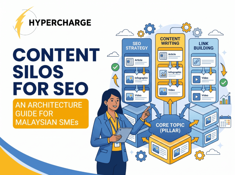 Promotional graphic by Hypercharge titled “Content Silos for SEO” with the subtitle “An Architecture Guide for Malaysian SMEs.” The design features large blue text on the left and an illustrated content architecture diagram on the right. A businesswoman points to interconnected SEO content pillars labeled SEO Strategy, Content Writing, and Link Building, each connected to supporting content types such as articles, infographics, and videos. At the center is a “Core Topic (Pillar)” block with arrows showing internal content relationships and hierarchy. Additional elements include charts, gears, cloud icons, and analytics visuals, using blue and yellow branding colors in a clean digital marketing style.