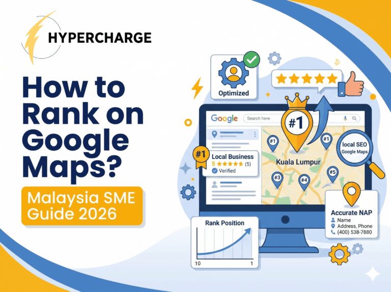 Promotional graphic titled “How to Rank on Google Maps? Malaysia SME Guide 2026” by Hypercharge. The design features large blue text on the left and an illustrated computer screen on the right displaying a Google Maps interface centered on Kuala Lumpur with multiple #1 location pins. Surrounding icons include five-star reviews, a thumbs-up, “Optimized” settings, “Local SEO Google Maps,” “Accurate NAP” business information, and a ranking growth chart, all in blue and yellow branding colors.