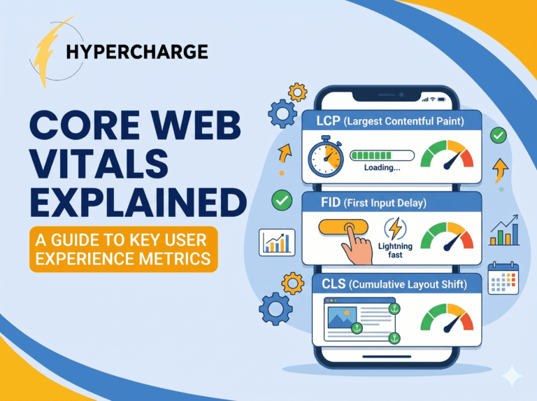 A featured illustration for the topic 'Core Web Vitals Explained', with a 4:3 aspect ratio. In the top left corner is the HYPERCHARGE logo with its yellow lightning bolt and circle. Below the logo is the bold, dark-blue title 'CORE WEB VITALS EXPLAINED'. Below the title, a yellow box contains the text 'A GUIDE TO KEY USER EXPERIENCE METRICS'. On the right side, a large smartphone displays a diagram with three main panels: one for 'LCP (Largest Contentful Paint)' with a loading bar and stopwatch; one for 'FID (First Input Delay)' with a hand interacting and a gauge; and one for 'CLS (Cumulative Layout Shift)' showing stable webpage elements and another gauge. The gauges are in the green 'good' zones. Stylized vector icons like gears, checkmarks, charts, and arrows float around the phone on a light blue-grey background with blue and yellow curving patterns. All text uses the Poppins font.