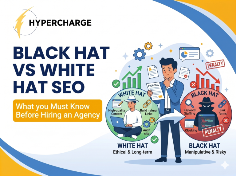 Promotional graphic by Hypercharge titled “Black Hat vs White Hat SEO” with the subtitle “What You Must Know Before Hiring an Agency.” The design features large blue text on the left and an illustrated comparison between ethical and manipulative SEO practices on the right. The “White Hat” section highlights high-quality content, natural link building, and website audits with positive growth charts and approval icons. The “Black Hat” section shows risky tactics such as keyword stuffing, cloaking, and link farms alongside penalty warnings and declining charts. A businessman stands in the center reviewing proposals, symbolizing the decision-making process when choosing an SEO agency. The graphic uses blue, green, red, and yellow colors in a clean educational style. Humanize 118 words