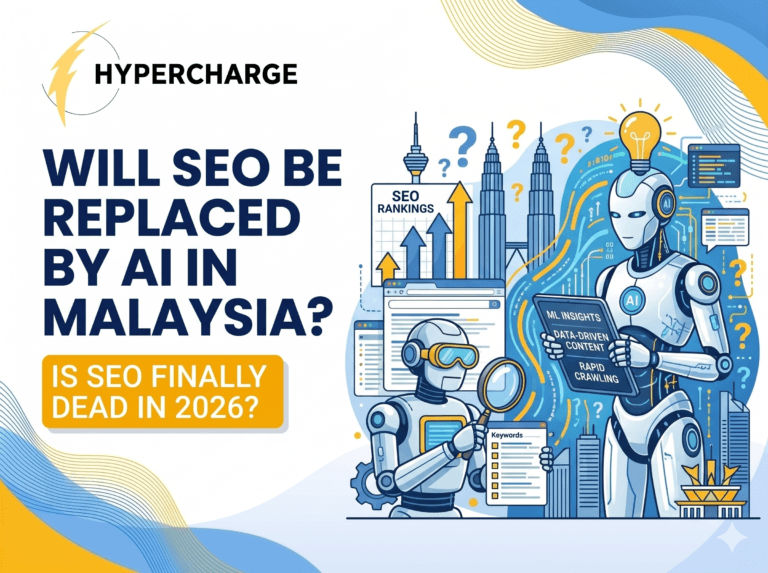 Promotional graphic by Hypercharge titled “Will SEO Be Replaced by AI in Malaysia?” with the subtitle “Is SEO Finally Dead in 2026?” The design features large blue text on the left and futuristic illustrations on the right showing humanoid robots analyzing SEO data and AI-driven content. Visual elements include SEO ranking charts, keywords, data screens, magnifying glasses, question marks, and the Kuala Lumpur skyline, symbolizing the relationship between artificial intelligence and search engine optimization. The graphic uses blue and yellow brand colors with a modern tech-inspired design.