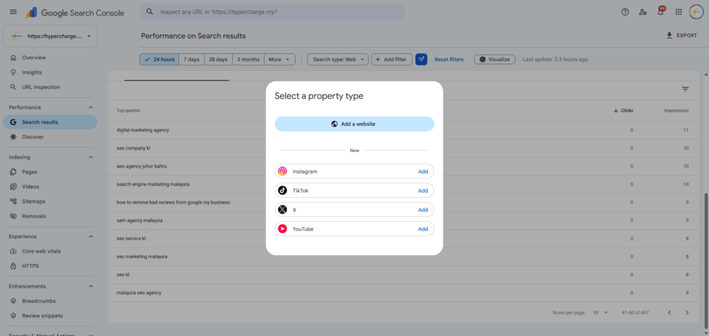 Google search console dashboard displaying the settings button highlighted for indexing social media in Malaysia