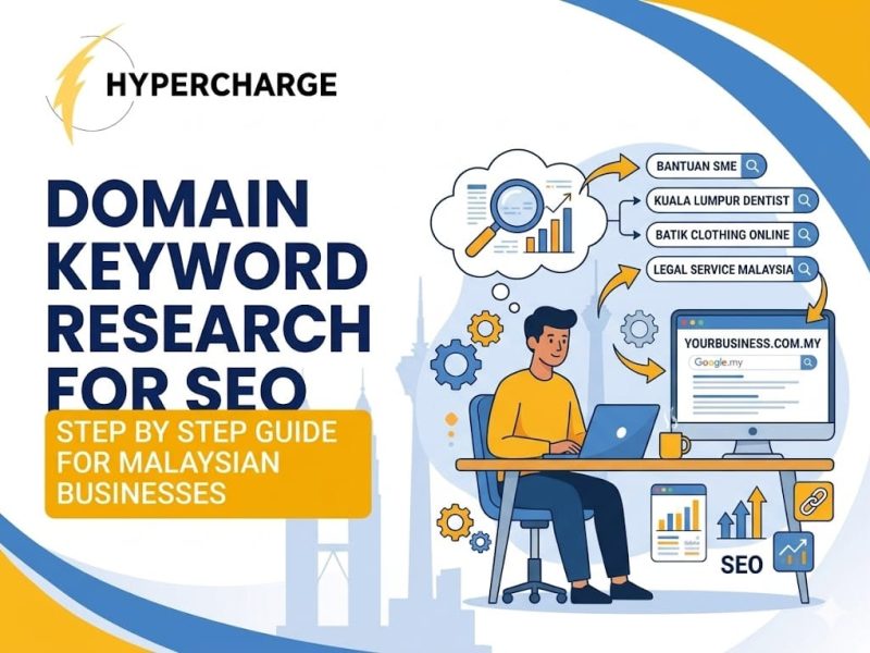 Promotional graphic by Hypercharge titled “Domain Authority vs Page Authority” with the subtitle “What Matters in Malaysia.” The design features large blue text on the left and a side-by-side comparison infographic on the right. The “Domain Authority (DA)” section illustrates website-wide influence across many pages, while the “Page Authority (PA)” section focuses on the strength of individual pages and specific keywords. Visual elements include authority score gauges, buildings, charts, links, webpage icons, Google search rankings, and business professionals analyzing SEO performance. The graphic uses blue and yellow branding colors with a clean educational SEO design.