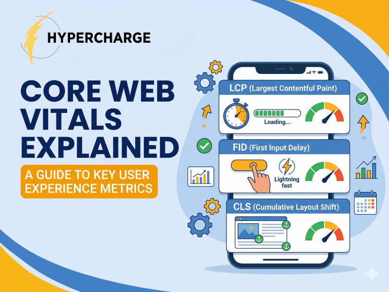A featured illustration for the topic 'Core Web Vitals Explained', with a 4:3 aspect ratio. In the top left corner is the HYPERCHARGE logo with its yellow lightning bolt and circle. Below the logo is the bold, dark-blue title 'CORE WEB VITALS EXPLAINED'. Below the title, a yellow box contains the text 'A GUIDE TO KEY USER EXPERIENCE METRICS'. On the right side, a large smartphone displays a diagram with three main panels: one for 'LCP (Largest Contentful Paint)' with a loading bar and stopwatch; one for 'FID (First Input Delay)' with a hand interacting and a gauge; and one for 'CLS (Cumulative Layout Shift)' showing stable webpage elements and another gauge. The gauges are in the green 'good' zones. Stylized vector icons like gears, checkmarks, charts, and arrows float around the phone on a light blue-grey background with blue and yellow curving patterns. All text uses the Poppins font.