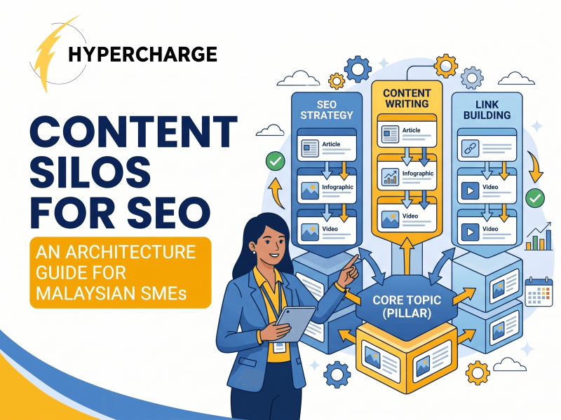 Promotional graphic by Hypercharge titled “Content Silos for SEO” with the subtitle “An Architecture Guide for Malaysian SMEs.” The design features large blue text on the left and an illustrated content architecture diagram on the right. A businesswoman points to interconnected SEO content pillars labeled SEO Strategy, Content Writing, and Link Building, each connected to supporting content types such as articles, infographics, and videos. At the center is a “Core Topic (Pillar)” block with arrows showing internal content relationships and hierarchy. Additional elements include charts, gears, cloud icons, and analytics visuals, using blue and yellow branding colors in a clean digital marketing style.