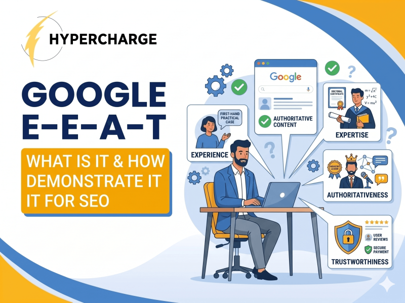 Promotional graphic by Hypercharge titled “Google E-E-A-T” with the subtitle “What Is It & How Demonstrate It for SEO.” The design features large blue text on the left and an illustrated professional working on a laptop on the right. Surrounding panels explain the four E-E-A-T principles: Experience, Expertise, Authoritativeness, and Trustworthiness. Visual elements include authoritative Google search results, practical case examples, certifications, industry leadership symbols, user reviews, secure payment icons, and trust badges. The graphic uses blue and yellow branding colors with a modern educational style focused on SEO credibility and content quality