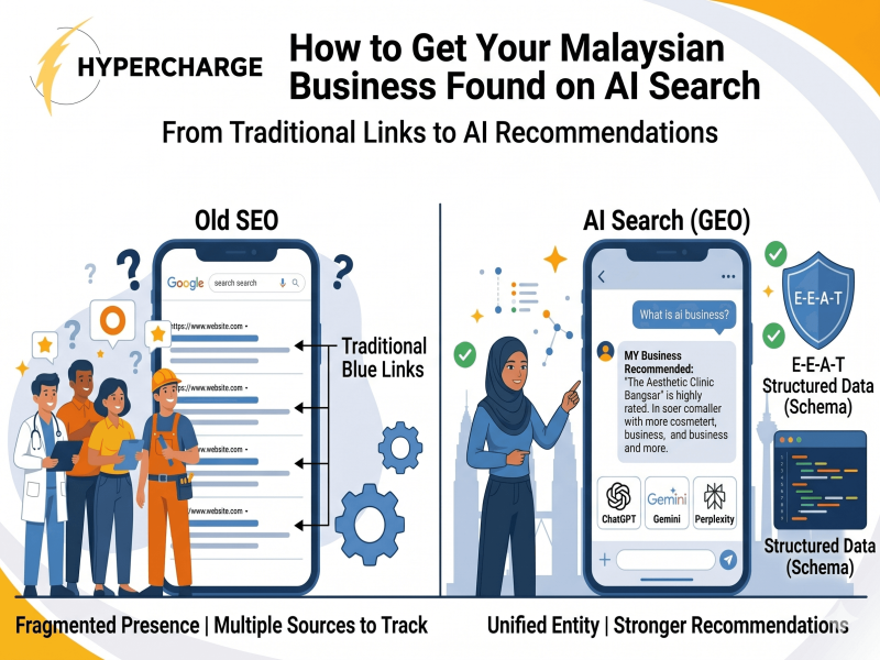 Infographic illustrating steps for enhancing AI search results for Malaysian businesses through geo-optimization