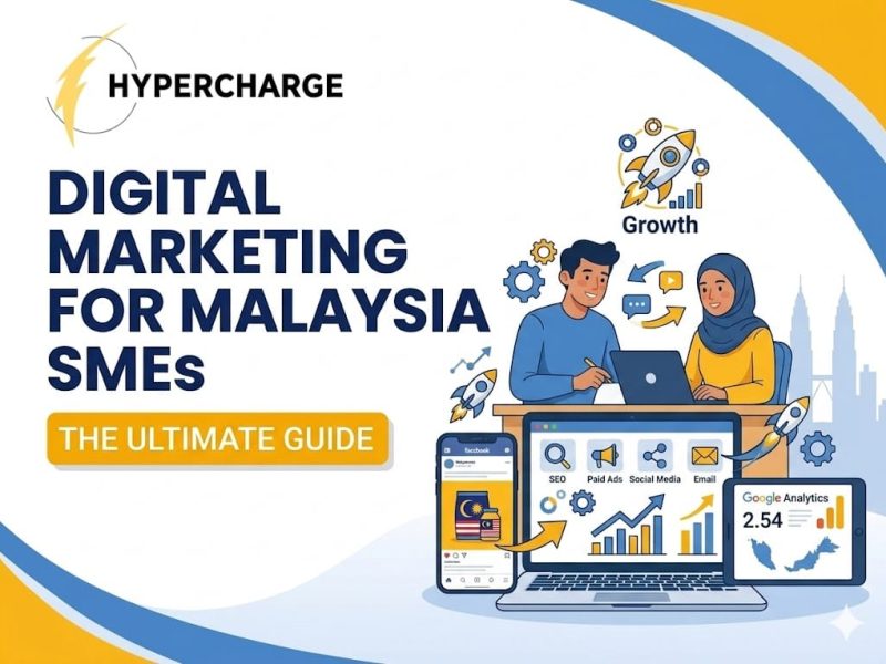 Promotional graphic by Hypercharge titled “Digital Marketing for Malaysia SMEs” with the subtitle “The Ultimate Guide.” The design features large blue text on the left and an illustrated digital marketing workspace on the right. Two professionals collaborate at a laptop surrounded by marketing icons representing SEO, paid ads, social media, email marketing, and analytics. Additional visuals include smartphones displaying social media content, Google Analytics charts, growth rockets, gears, and upward-trending graphs, symbolizing business growth through digital marketing. The Kuala Lumpur skyline appears in the background, and the graphic uses blue and yellow branding colors with a modern, business-focused design.
